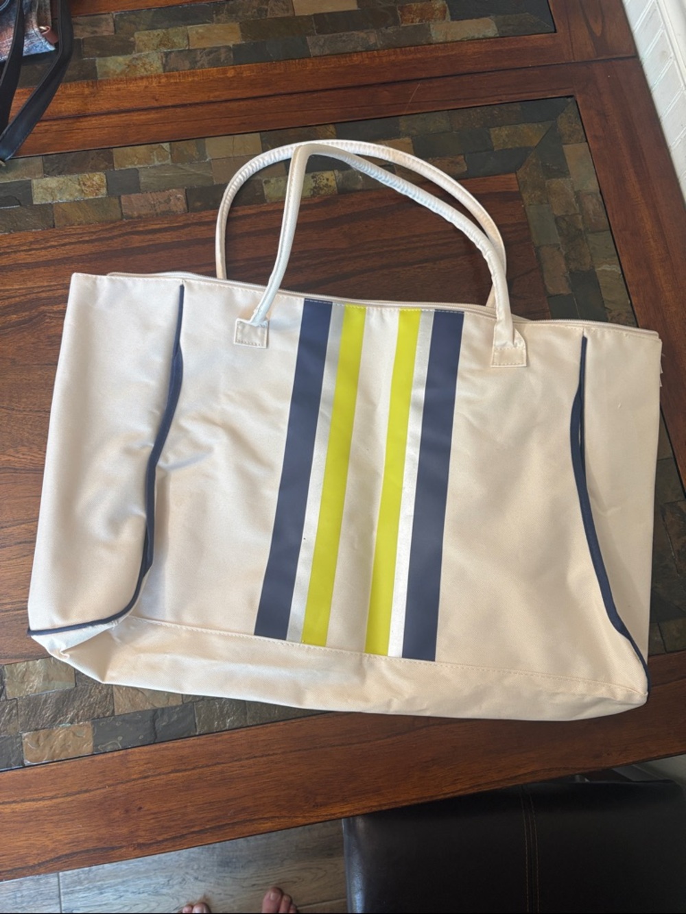 Preloved DSW White Tote with Navy and Lime Stripe Accents yoga mat and tote gym